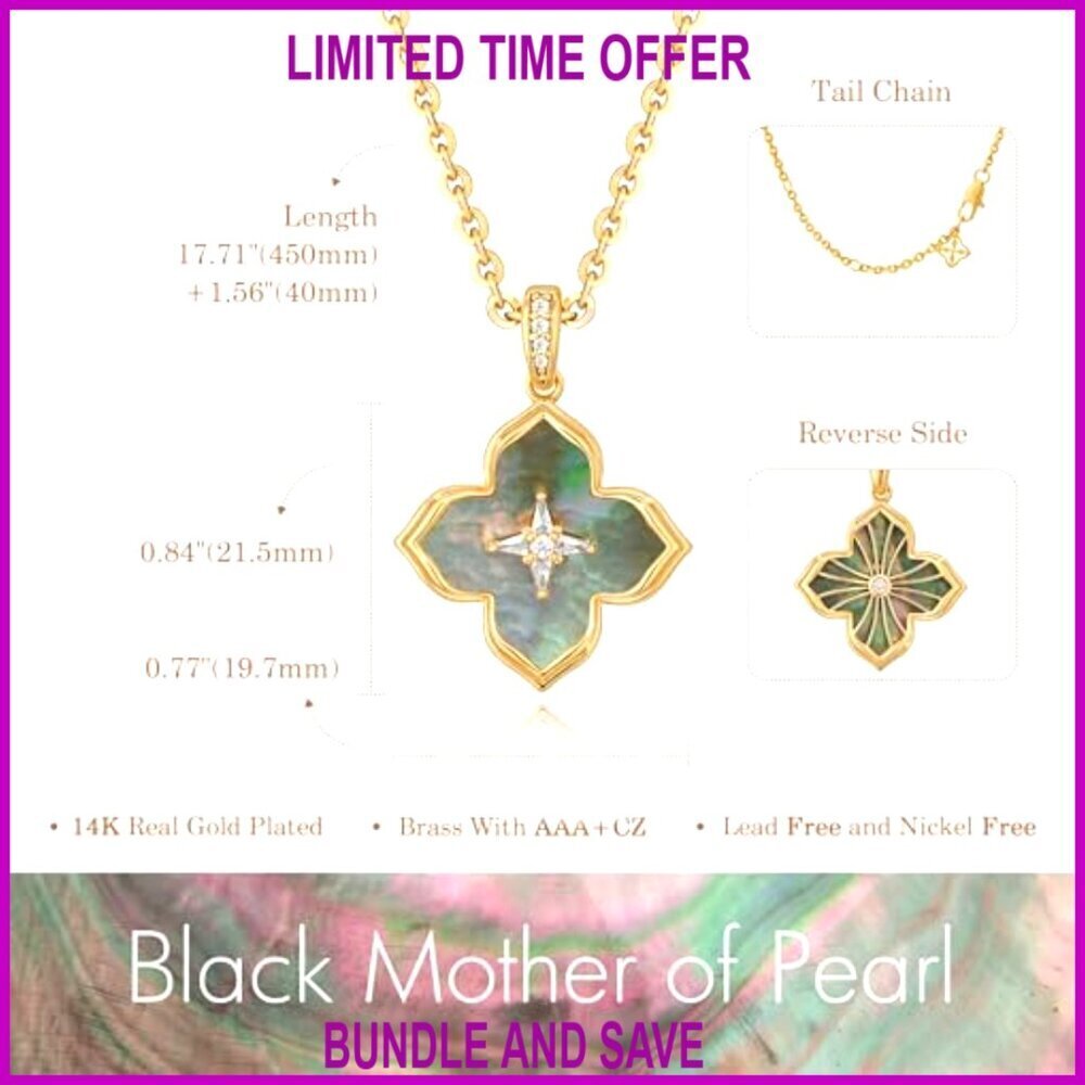 Double-Sided Clover Pendant Necklace 14K Gold Plated Chain 18" Length - Picture 7 of 7